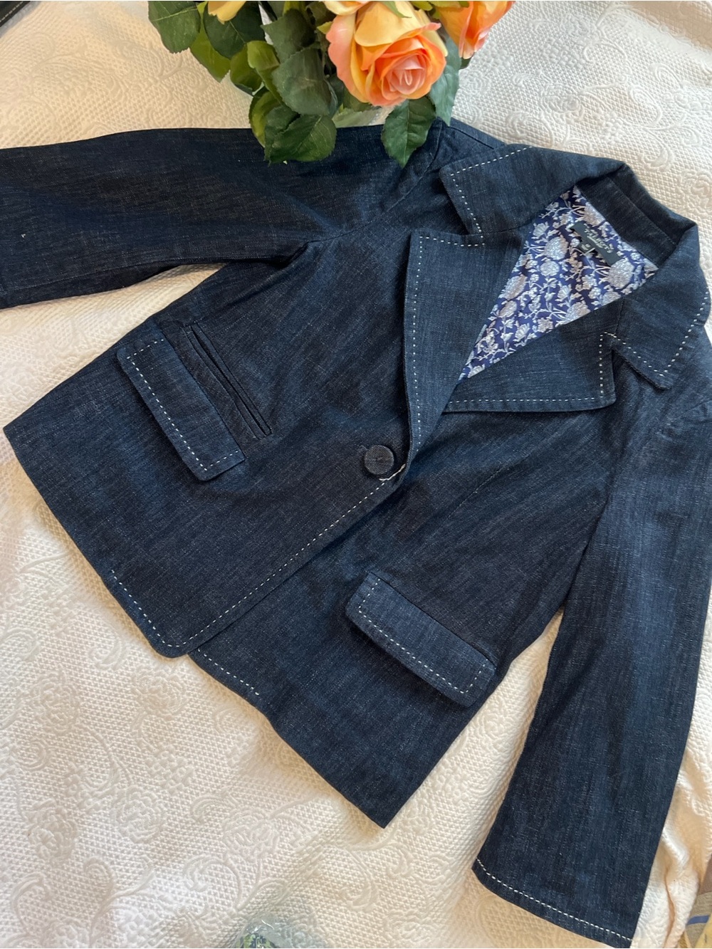 Vintage Talbots Cotton Dark Navy Blazer with Floral Lining Size 10